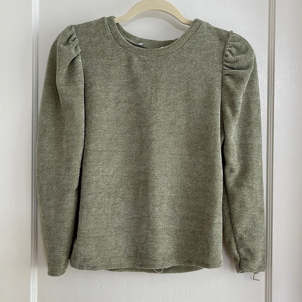 XS Moss Green Puff Sleeve Textured Crewneck Long Sleeved Top